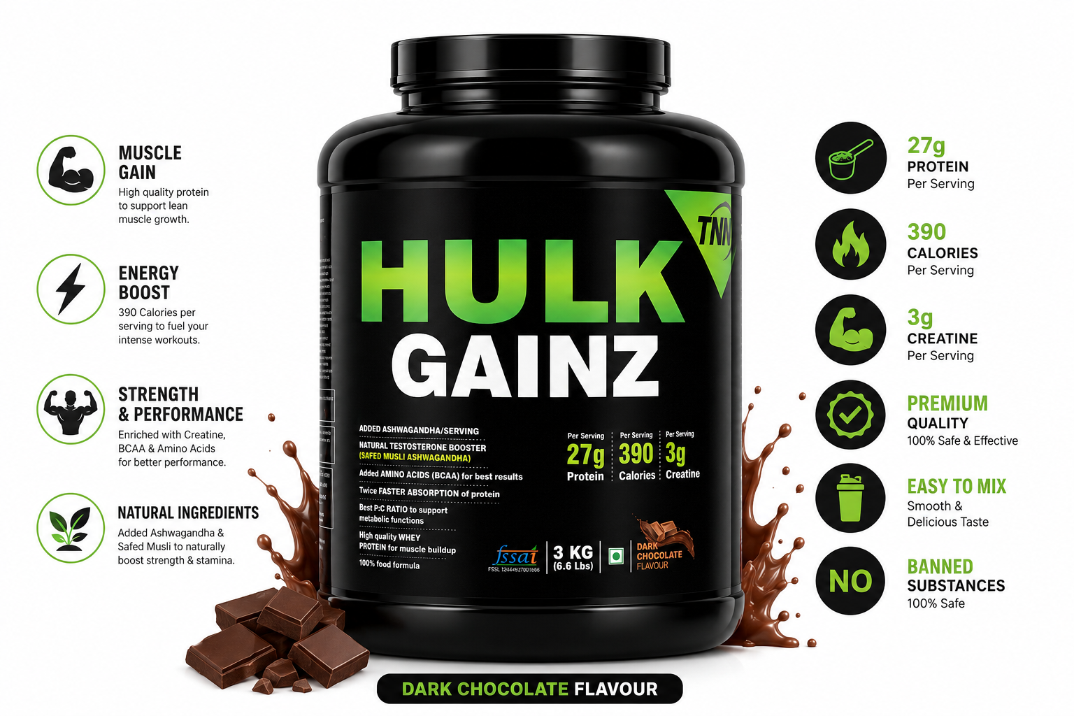 TNN Hulk Gainz Mass Gainer – Dark Chocolate Flavour | 27g Protein, 390 Calories & 3g Creatine | 3 KG mass gainer