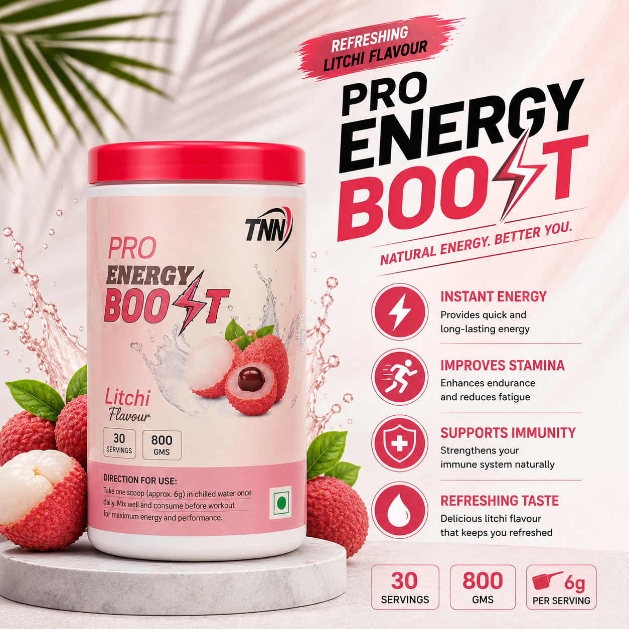 TNN Pro Energy Boost – Natural Energy Drink Powder | Litchi Flavour | 800g | 30 Servings Pro Energy Boost 800 GM Powder With Multi Flavour - Image 1